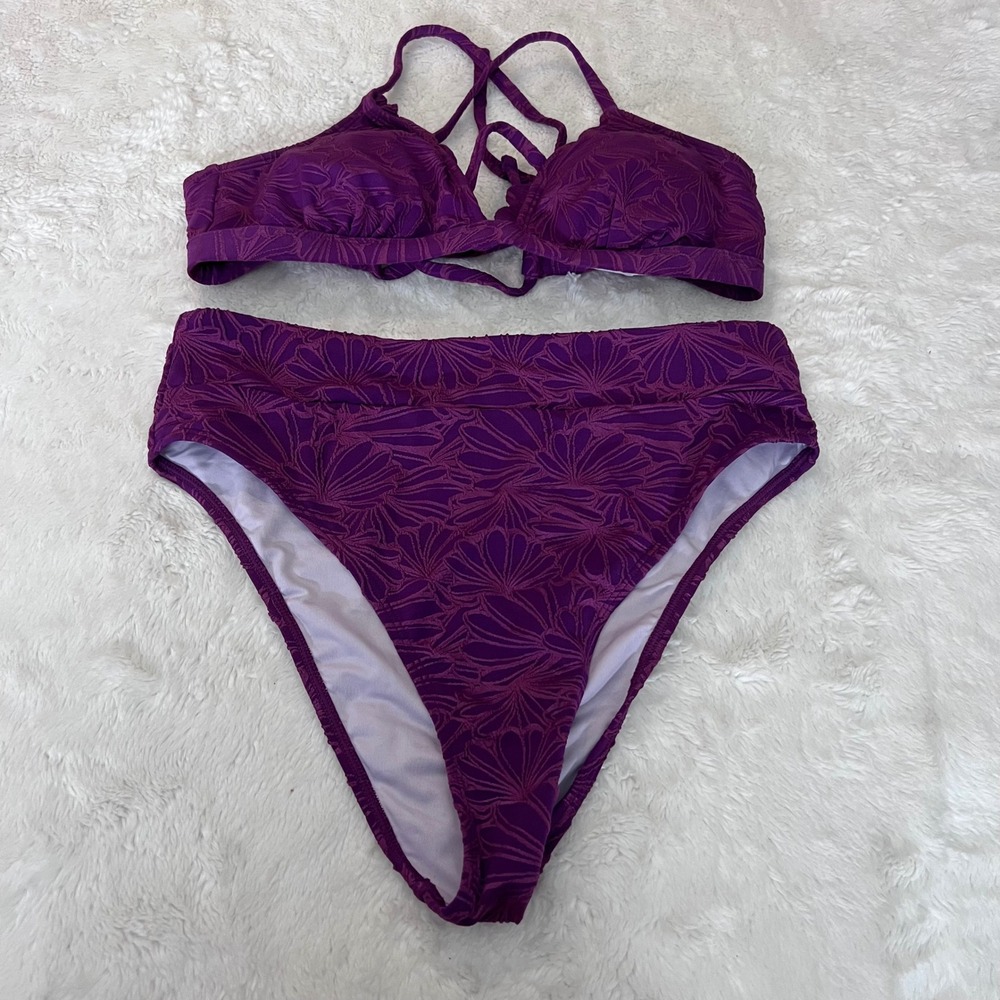 CUPSHE Purple Textured‎ Floral High Waisted Bikini Set DAA12C4L025WV Medium